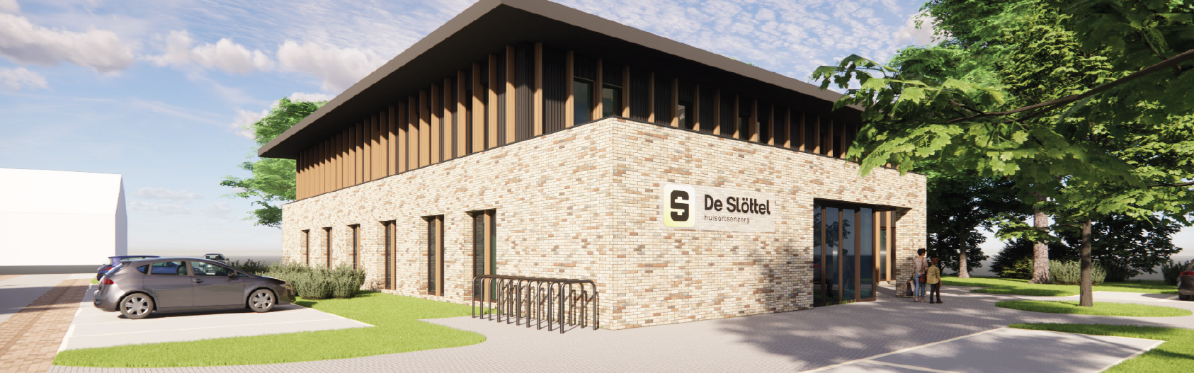 Concept 3D afbeelding voor de nieuwbouw. Een strak beige gebouw met houten elementen.