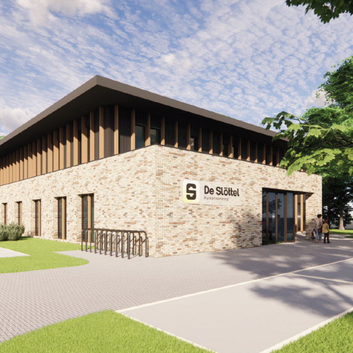 Concept 3D afbeelding voor de nieuwbouw. Een strak beige gebouw met houten elementen.